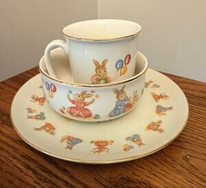 vintage Mount Clemens Pottery "Li'l Bunny" child's meal set plate, bowl,  mug.